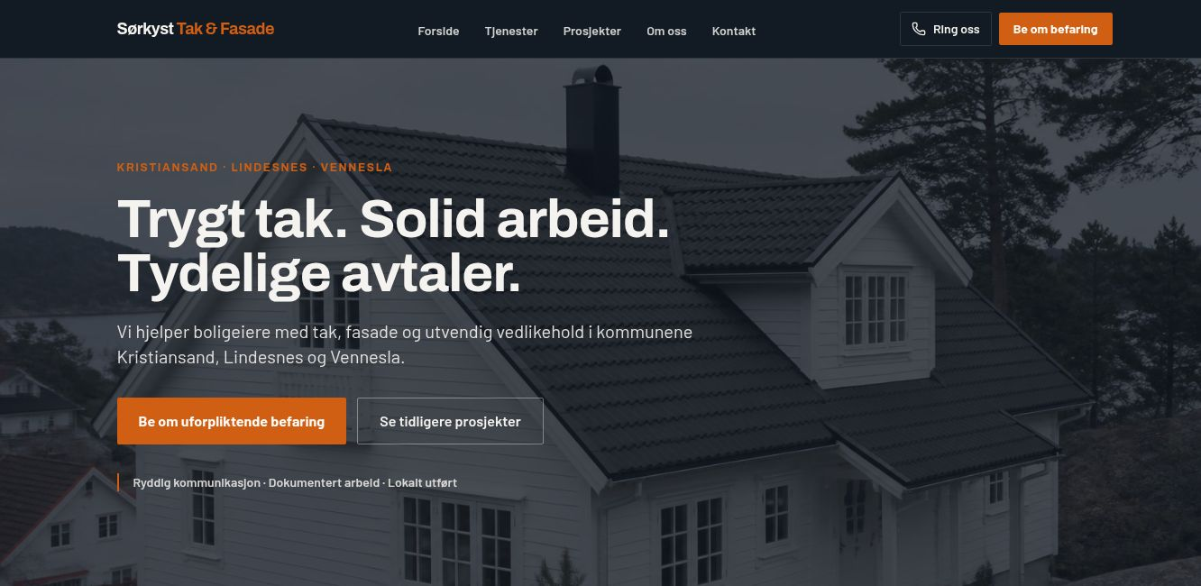 Skjermbilde av demoen til Sørkyst Tak & Fasade (fiktiv bedrift)